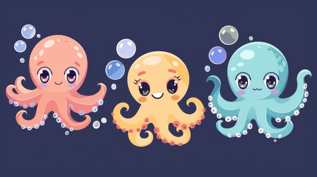 The cartoon character of a cute octopus floats underwater with bubbles. This modern illustration set depicts a cute animal with tentacles and a lovely face.