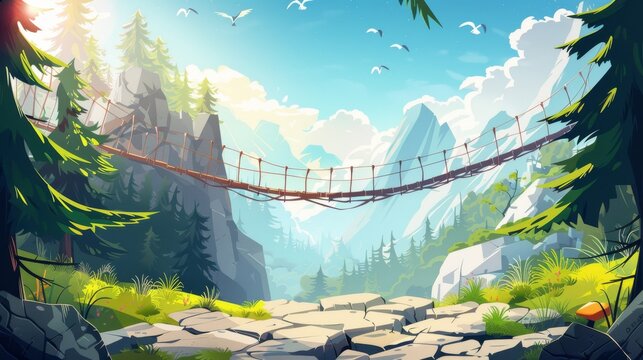 Fototapeta An aerial cartoon illustration of a suspension rope bridge in mountains. Featuring a rocky canyon landscape with fir trees, green grass on cracked stones, birds flying in a blue sunny sky, and an