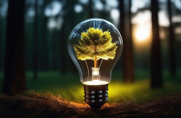 glowing light bulb with trees inside