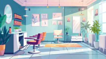Illustration of a beauty salon interior design with a large light room with furniture and equipment for manicure, hairstyling services, cosmetics, nail polish bottles on the shelf, and mirrors