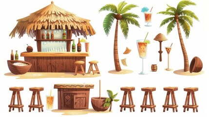 A tropical tiki cafe on a sand island in Hawaii with a straw roof, wooden chairs, a palm tree with coconuts and cocktail drinks on the counter. Modern illustration set of tropical tiki cafes on sand