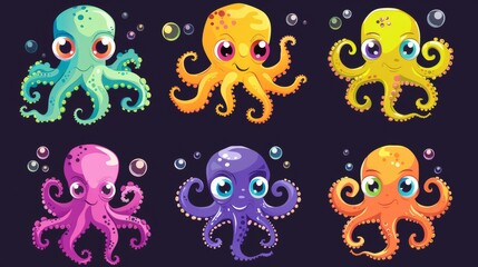 Cartoon illustration of an octopus with many tentacles and big eyes, and water bubbles. Modern illustration of yellow, purple, green, and orange underwater animals.