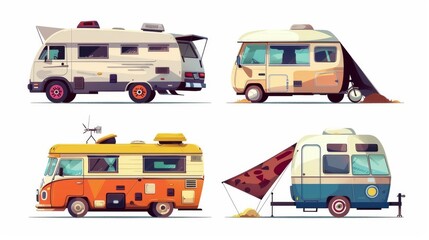 Camper van for summertime recreational vacations with friends and family. Cartoon modern illustration set of cute caravan car and tent. Rv camp trailer for travel and camping.