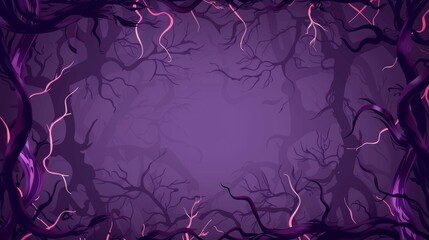 Dry liana vines with glow and twisted branches in form of square and rectangle frames for game UI design. Cartoon modern illustration set of scary creepy magic jungle purple borders.
