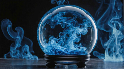 Blue smoke in a crystal ball on a black background. Copy space.