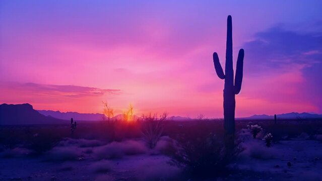 A lone cactus stands tall against a sky filled with deep purples and oranges giving the illusion of a mirage in the desert at sunset.