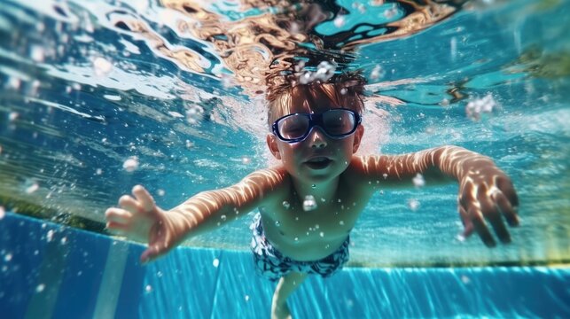child diving in swimming pool, little girl deftly swim underwater in pool.