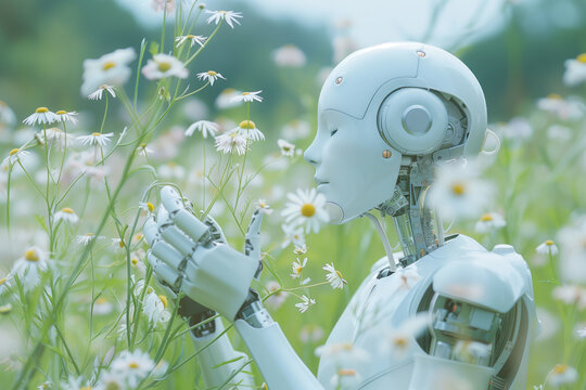 A robot smells flowers in a field of frames. The concept of involving artificial intelligence in the life of humanity, the ability of AI to have emotions and feelings.