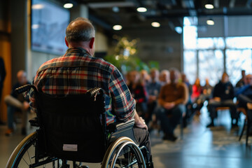 man in a wheelchair holding a meeting in a conference room - obrazy, fototapety, plakaty
