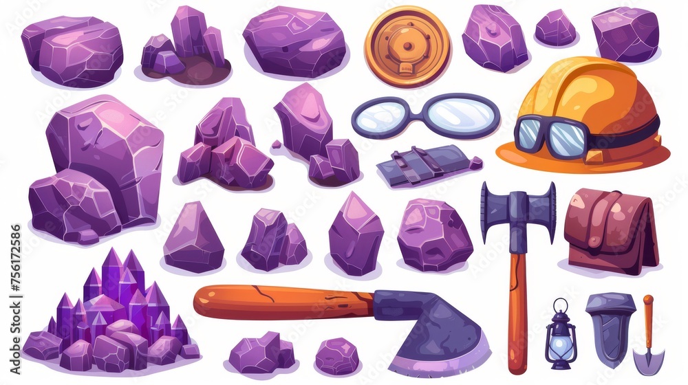 Wall mural Mining game assets isolated on a dark background. Modern cartoon illustrations of miner instruments and purple minerals, old metal shovels and pickaxes, helmets with headlamps, looting tools, and