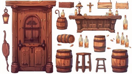 A set of cartoon western tavern and saloon interior elements with a wooden entrance door and bar counter, stools, glass bottles, and wooden barrels containing beer.
