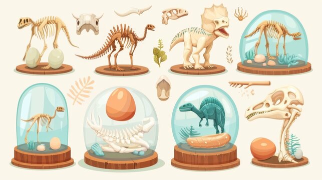 An exhibit set from a science museum in an isolated illustration. The image demonstrates dinosaur eggs, skulls, skeleton bones under glass cover, prehistoric animal remnants, and paleontology.