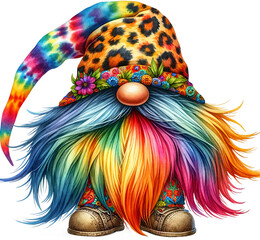 Trendy Gnome with Colorful Rainbow Beard and Floral Hat
