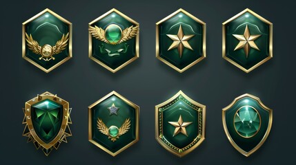 Military game rank buttons set isolated on white background. Modern realistic illustration hexagonal green shield badges in golden frames decorated with gemstone stars and wings, winner award,