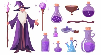 This cartoon modern set includes a sorcerer character in a long purple cloak with grey beard casting spells, a fantasy fortune-teller ball, a potion in a glass bottle, a magician's wand, and a hat