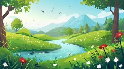 There is a river flowing from the mountains to a meadow covered with green grass and a forest of trees. A cartoon modern summer landscape features hills on either side of the river, flowers on its