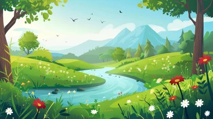 Photo sur Plexiglas Vert-citron There is a river flowing from the mountains to a meadow covered with green grass and a forest of trees. A cartoon modern summer landscape features hills on either side of the river, flowers on its