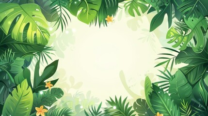 Rainforest long creeping plant branches with vegetation on jungle background featuring border frame made of liana vine, green leaves and flowers. Cartoon sunny tropical backdrop with empty space for - obrazy, fototapety, plakaty