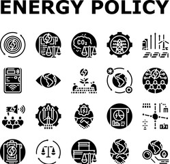 energy policy infrastructure icons set vector. power transition, eco green, earth transmission, save planet, change climate energy policy infrastructure glyph pictogram Illustrations
