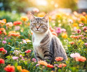 Naklejka na ściany i meble Grey tabby domestic cat sitting in flower garden with a sunlight, Generated by AI Artificial intelligence technology