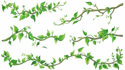 Set of liana branch frames with green leaves isolated on white background. Modern cartoon illustration for UI design, exotic tropical garden border. - obrazy, fototapety, plakaty