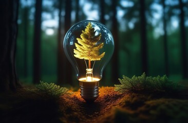 glowing light bulb with trees inside