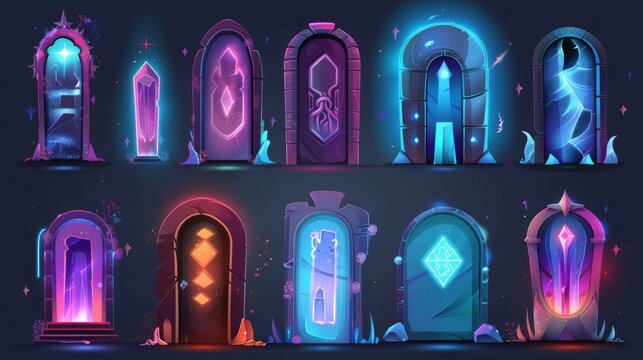 A fantastic doorway with a magic portal. Modern illustration set of a wizard gate with a glowing vortex hole for time travel or parallel worlds. A futuristic entrance with an energy teleportation.