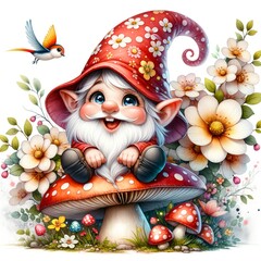 Funny Garden Gnome Sitting on Fly Agaric Mushroom. Fairy Tale Personage Isolated on White Background. Cute Elf Character, Design Element for Summer Orchard Landscaping, Cartoon Illustration