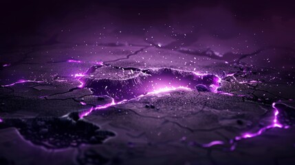 A ground surface with abstract light cracks on a black background. A definition of grey and purple holes glowing on a black background, mist and sparkling particles floating in the air, a magic