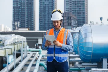 Fotobehang Asian man engineer holding tablet working at rooftop building construction. Male technician worker working checking hvac of office building. Engineering installing large air conditioning system. © eakgrungenerd