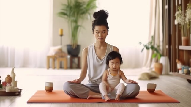 young mother with cute female children meditating and doing yoga exercise at home in the living room on the comfortable sunny day.