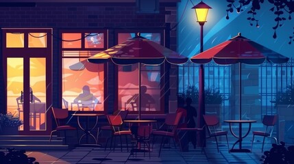 An urban street at night with dark furniture, parasols, and people silhouetted in the bistro window and on the wall. Modern illustration of a city café at night.