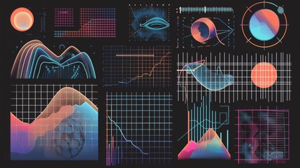 This poster template features an abstract grid geometric shape with a glitch effect background. This template is inspired by a 00s aesthetic with wireframe forms, objects, and sticker elements on a - obrazy, fototapety, plakaty