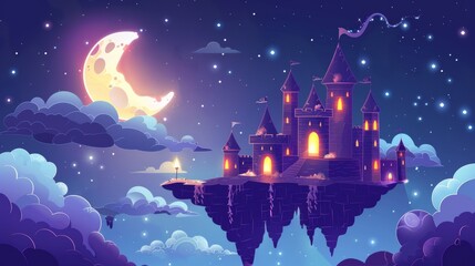 An illustrated illustration of a medieval fortress with towers and light in windows, pieces of land floating in clouds, a moon glowing in the night sky, a game interface for a fairytale game.