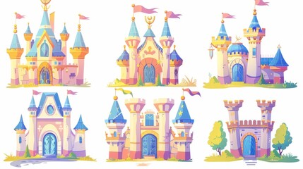 Fototapeta na wymiar The fantasy fairytale ancient kingdom fortress palace or fort of a medieval castle comes with a flag on the tower, windows, and gate for children's books or games. Cartoon illustration set of fantasy