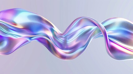 Floating wave shape of holographic blue and purple spectrum. Iridescent dynamic curve translucent design element flowing in air.