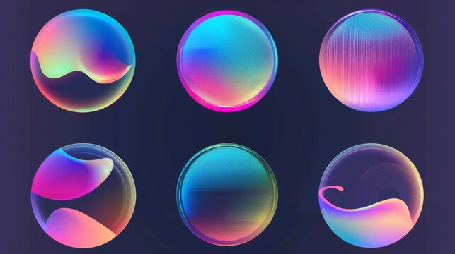 Modern set of soft geometric form mesh elements with blurry effect. Vibrant iridescent splash sticker with blurry gradient circle...