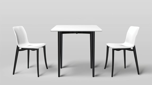 A booth with a square table and four chairs made from white plastic tops on black legs for an exhibition or cafe display. A realistic modern illustration showing empty furniture for advertising and
