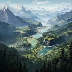 A forested mountain range with a lake, a mine into the mountain, birds eye view