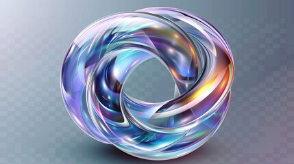 Typical 3D glass object isolated on white background. Modern illustration of glossy clear iridescent surface with glossy clear twisted circle.