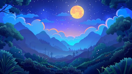 A night mountain valley with a shining moon and clouds. Modern illustration of a beautiful midnight summer scene, grass, bushes, and trees on hills, stars glittering in the dark sky.