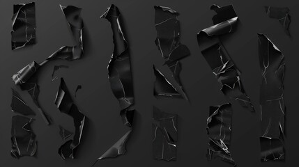 Glued cut wrinkled plaster mockup set with realistic modern black adhesive duct tape pieces in a crumpled effect. Close-up of ripped plastic strip patches for repair. - obrazy, fototapety, plakaty
