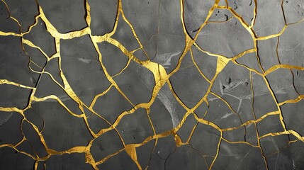 On a gray background, a modern illustration of kintsugi cracks in red and gold. Abstract yellow lines indicate cracks in a stone, marble, concrete surface; mosaic design effect suggests japanese