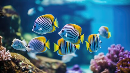 Tropical fish with vibrant stripes swim in perfect formation as a school, Ai Generated.