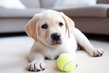 A cute Labrador puppy plays with a toy ball on a white living room carpet. Ai Generated.