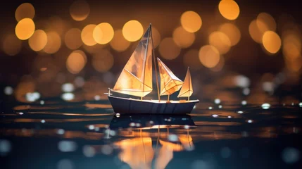 Rolgordijnen Paper origami sailboat floats on water, surrounded by enchanting bokeh lights, Ai Generated. © Crazy Juke