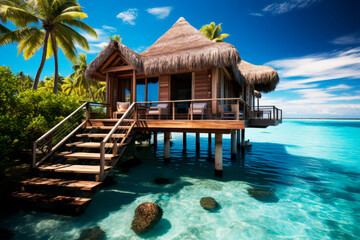 Overwater hut bungalow with steps into turquoise ocean lagoon - obrazy, fototapety, plakaty