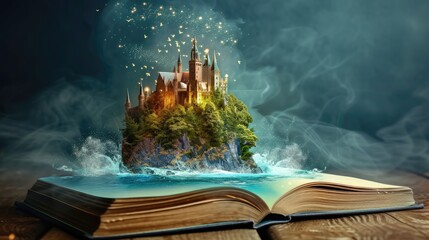 An open book unveils a fantastical world, its pages bringing to life a magical realm that leaps...
