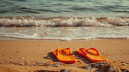 Vibrant orange flip-flops rest on sun-kissed sands, Ai Generated.