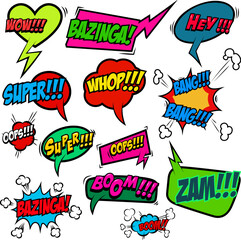 Set of comic text, Pop art style phrases. Waw, Pow, Bang-Bang, Super!, Bazinga, Oops! Vector design elements. - 756175149